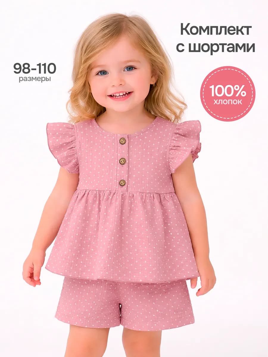 Муслиновый костюм для девочки в сад с шортами