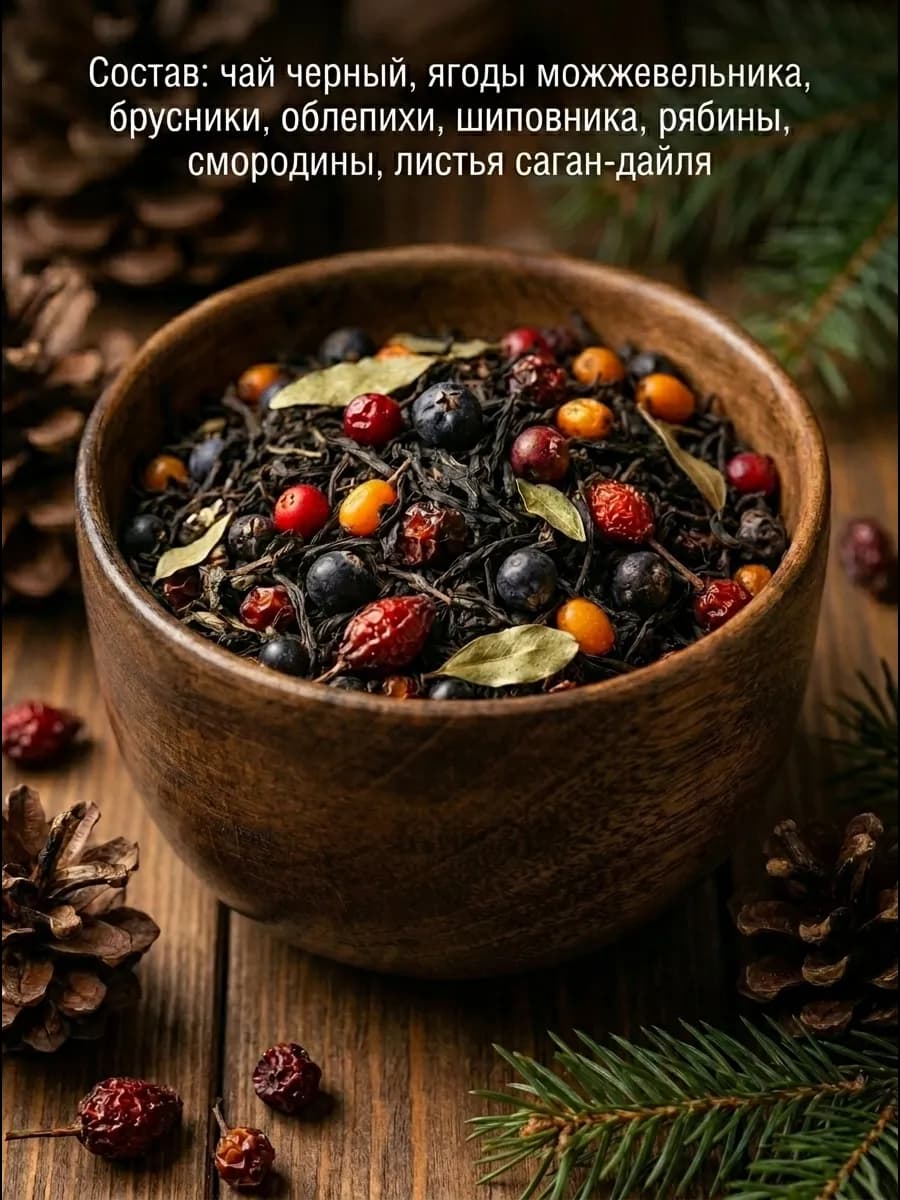 Чай черный листовой таежный с ягодами и травами