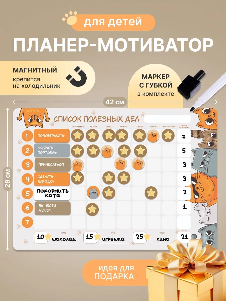 Магнитный планер мотиватор на холодильник для детей Котики