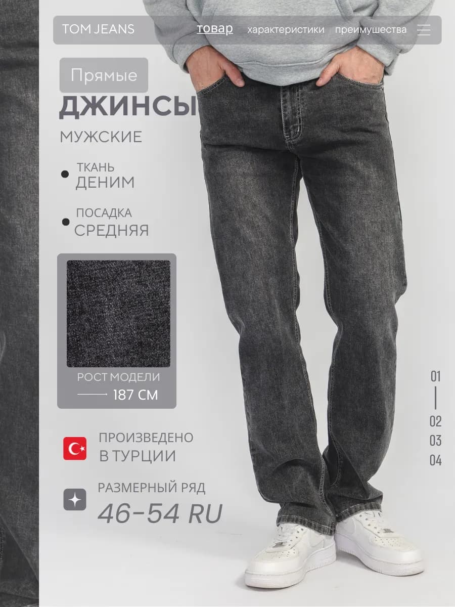 Джинсы классические прямые широкие стрейч