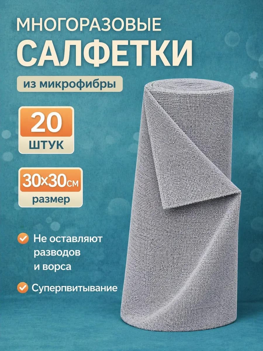 Тряпки салфетки для уборки 30x30 в рулоне из микрофибры
