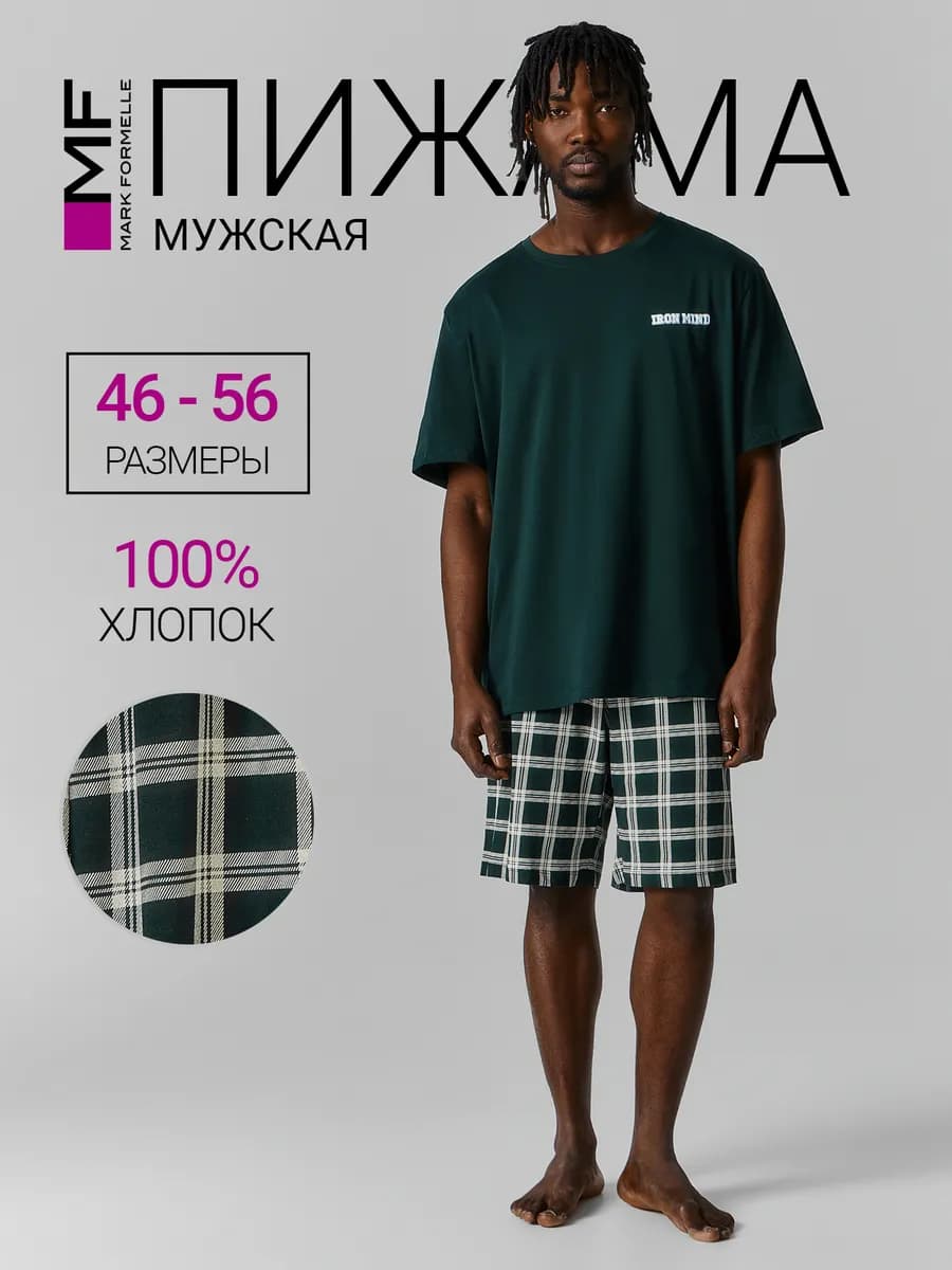 Пижама мужская с шортами и футболкой в клетку