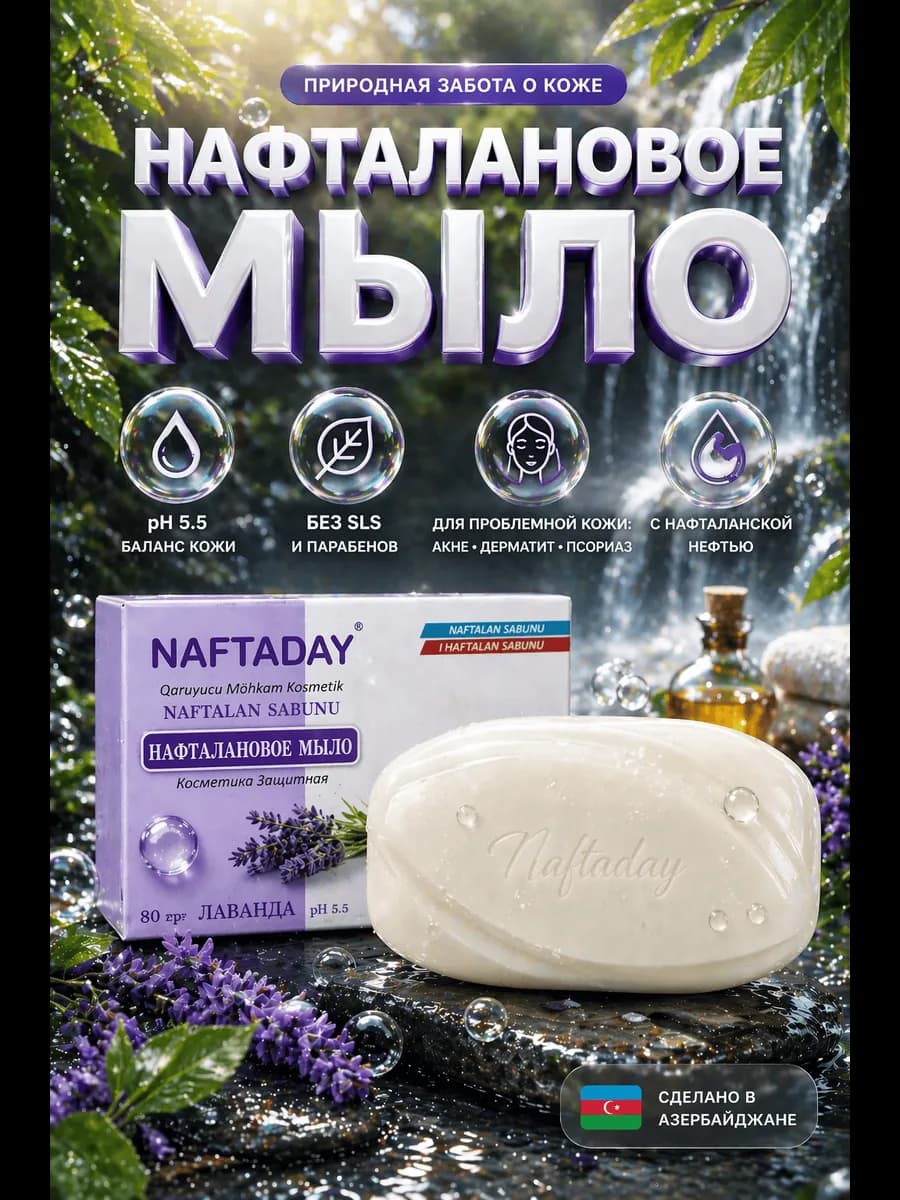Мыло твердое с нафталанской нефтью Лаванда 80 г