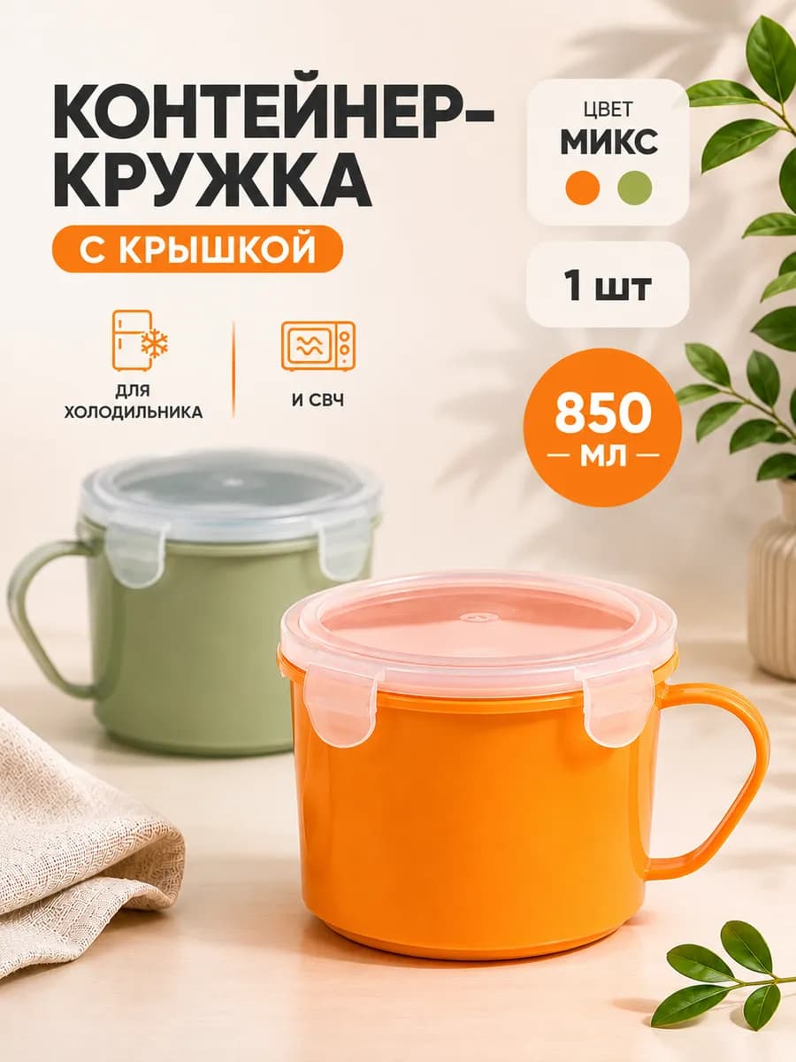 Контейнер-кружка с крышкой 850 мл пластиковый Микс