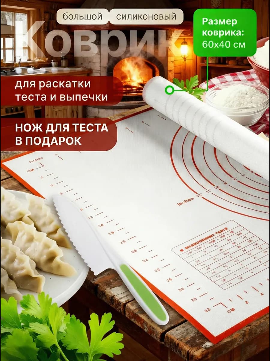 Силиконовый коврик для теста с ножом 60х40
