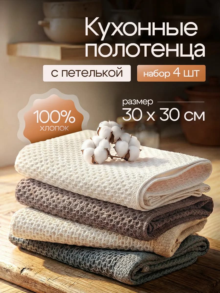 Набор полотенец вафельных кухонных с петелькой 4шт