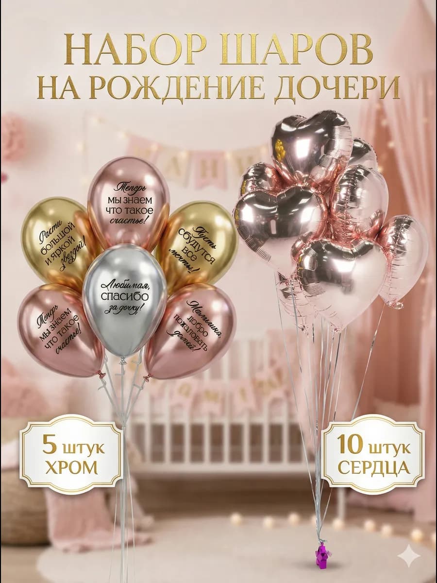 Набор воздушных шаров на выписку дочки хром и сердца, 15 шт