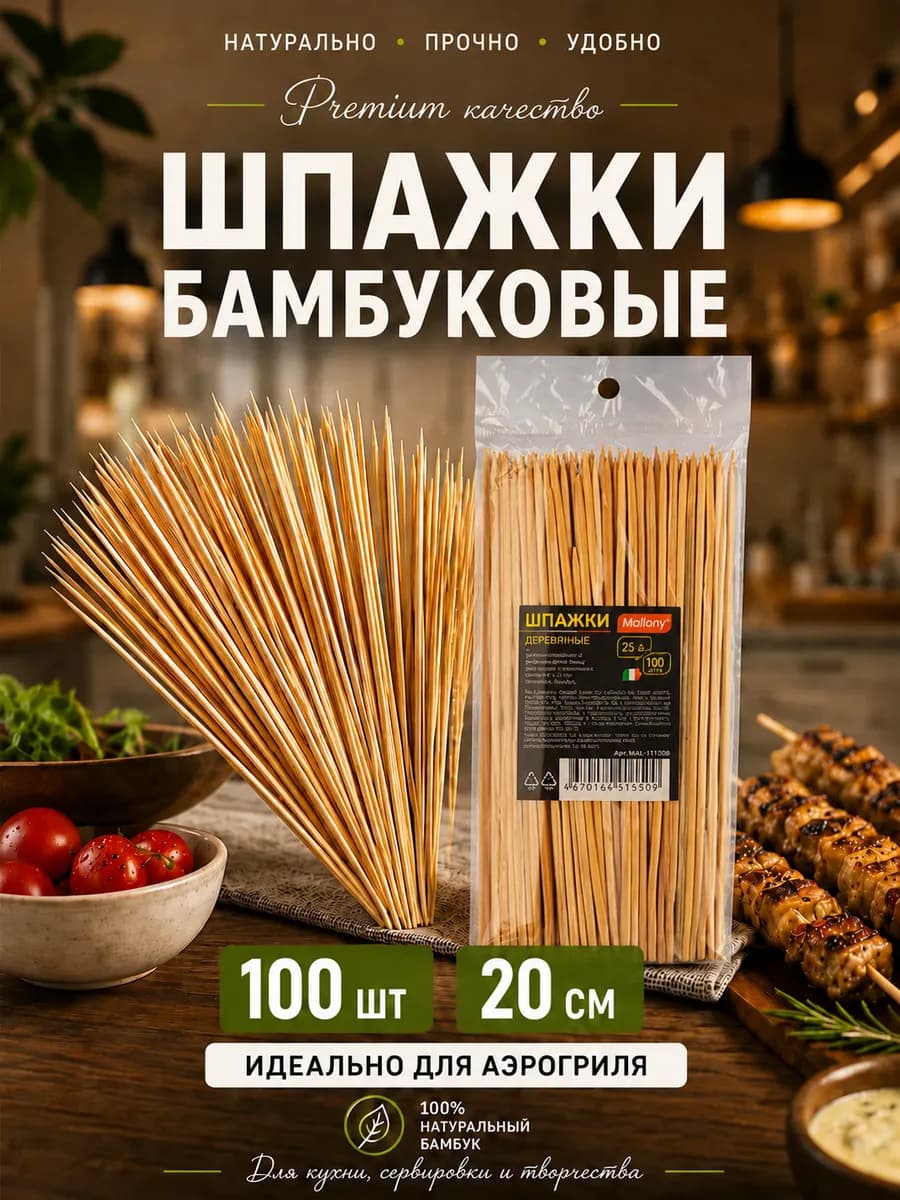 Шпажки бамбуковые длинные 20 см 100 шт для аэрогриля