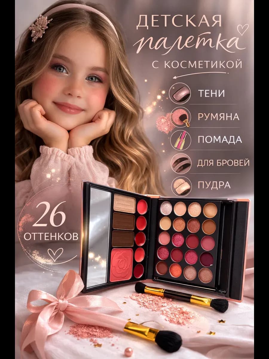 Детская палетка косметики для девочек тени румяна помада