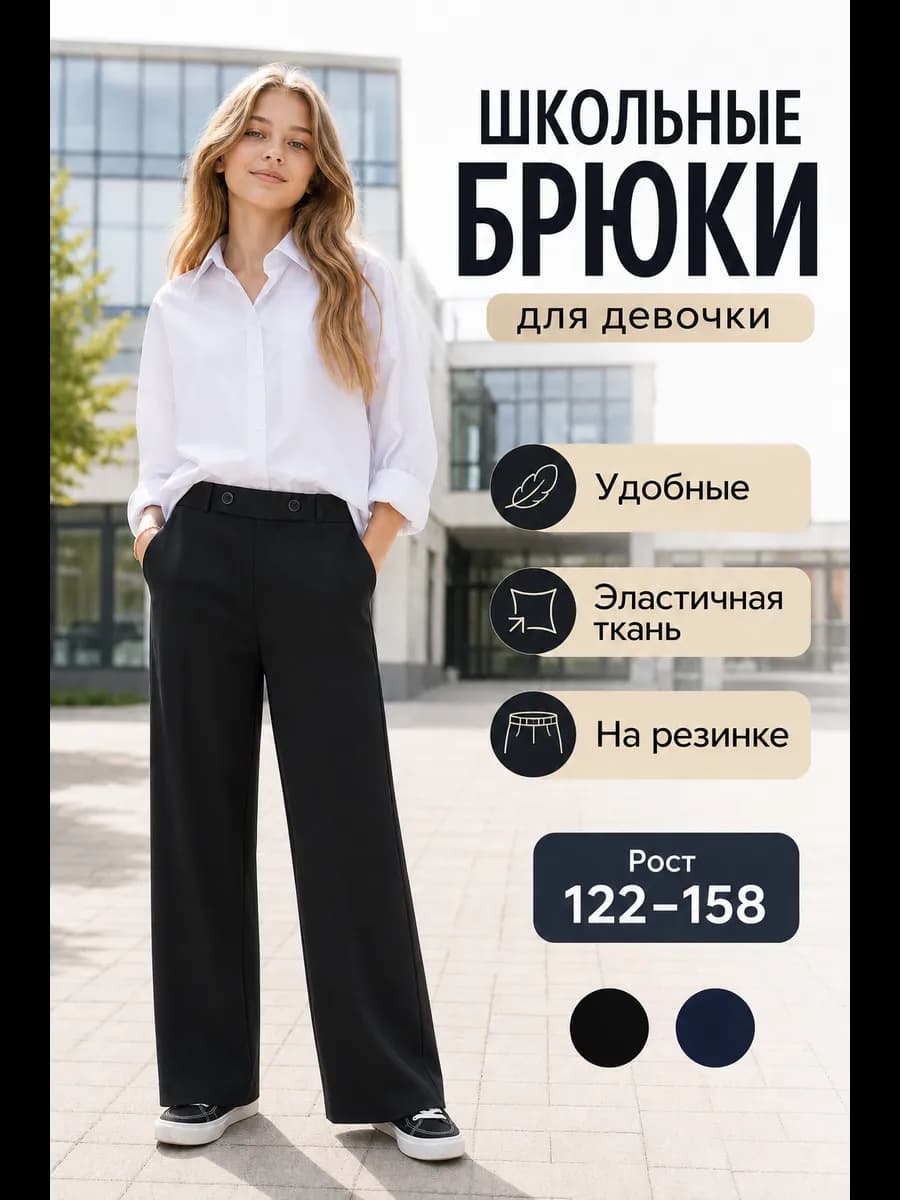 Брюки школьные на резинке широкие палаццо черные трикотажные