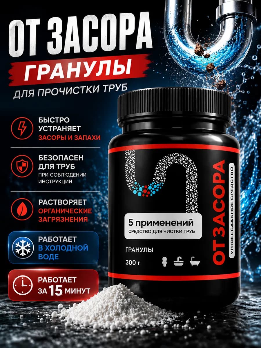 Средство от засоров труб Антизасор гранулы для прочистки