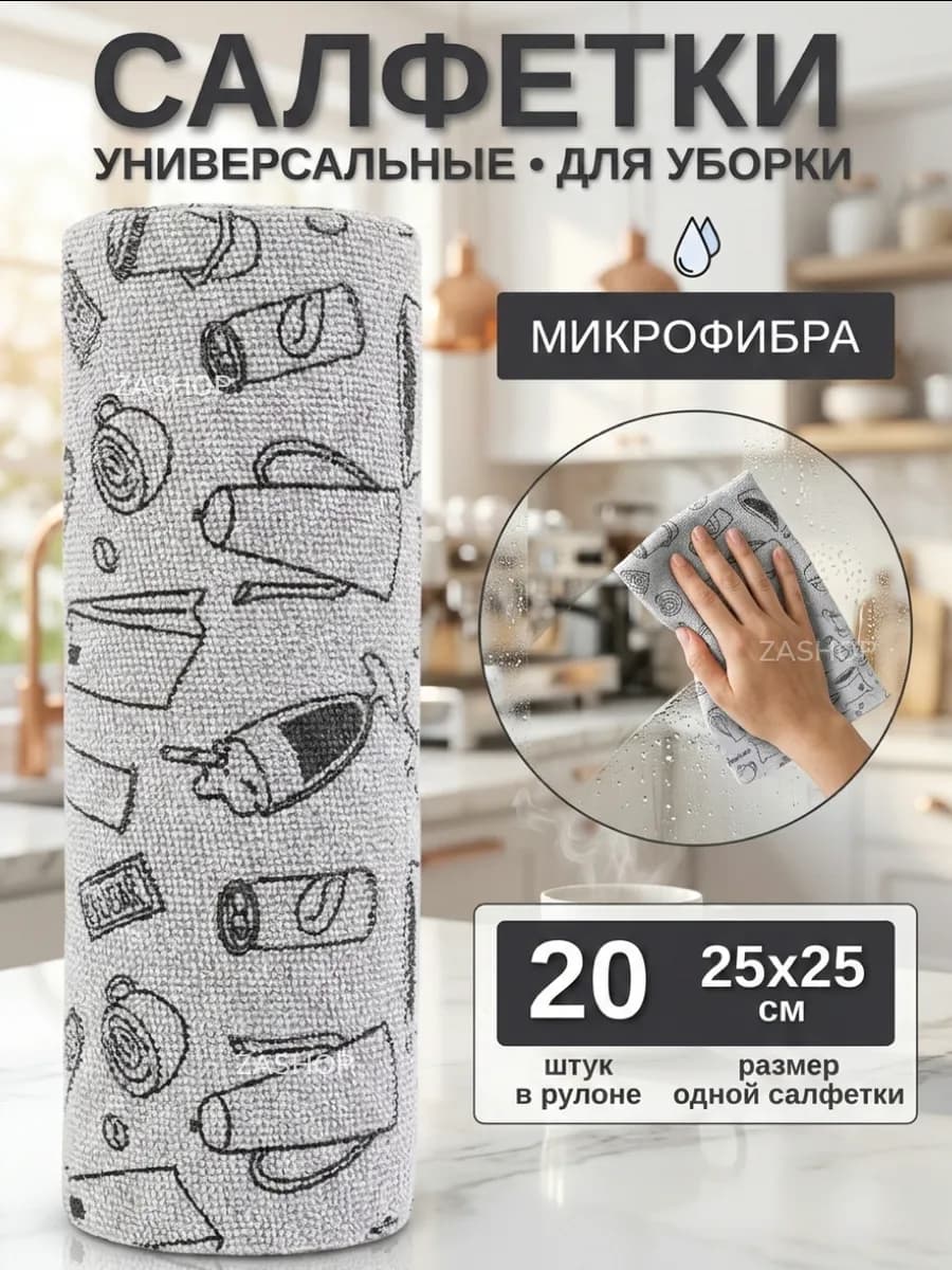 Салфетки в рулоне тканевые из микрофибры безворсовые 25х25