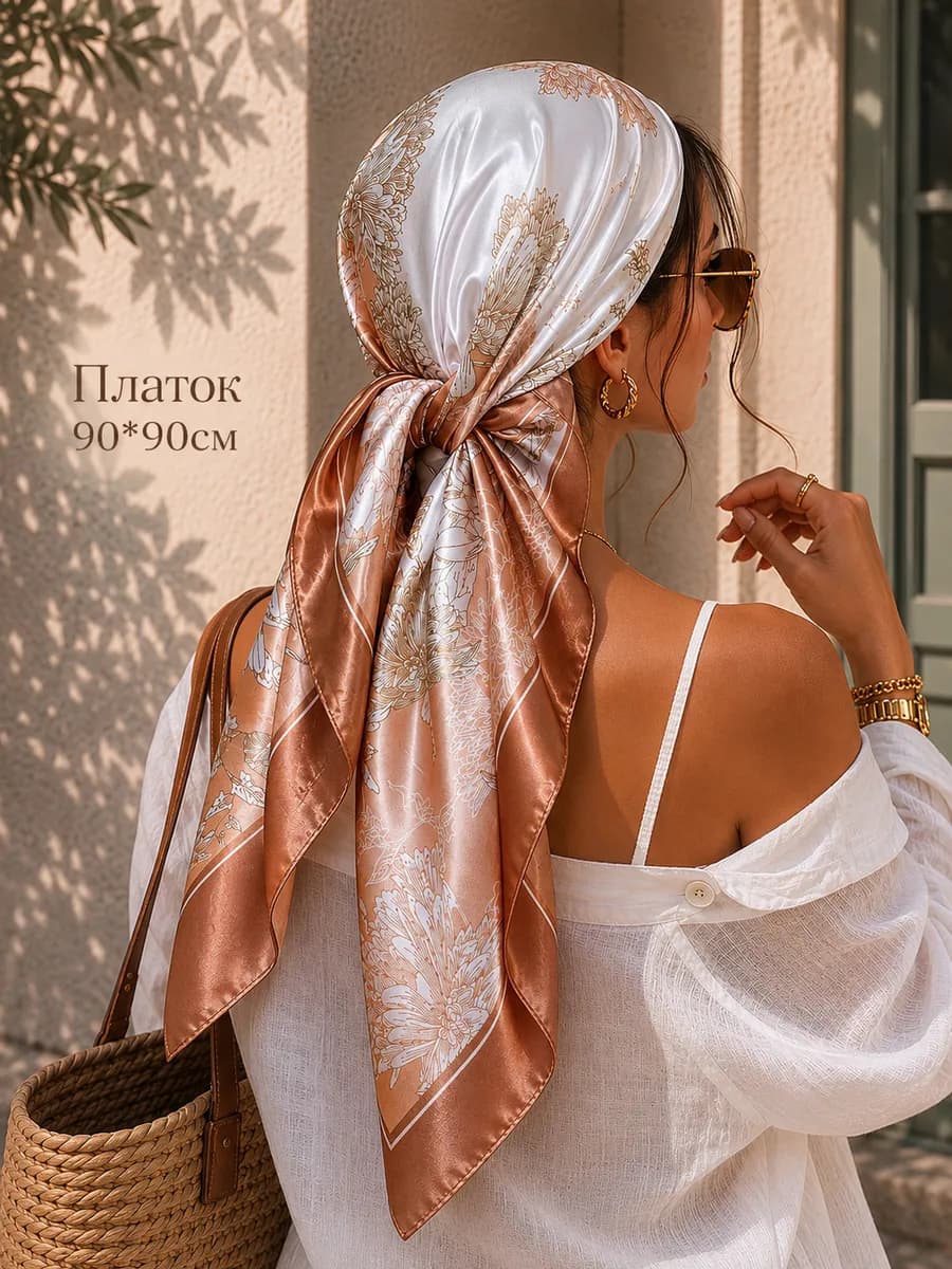 Платок на голову и шею шелковый атласный 90х90 см
