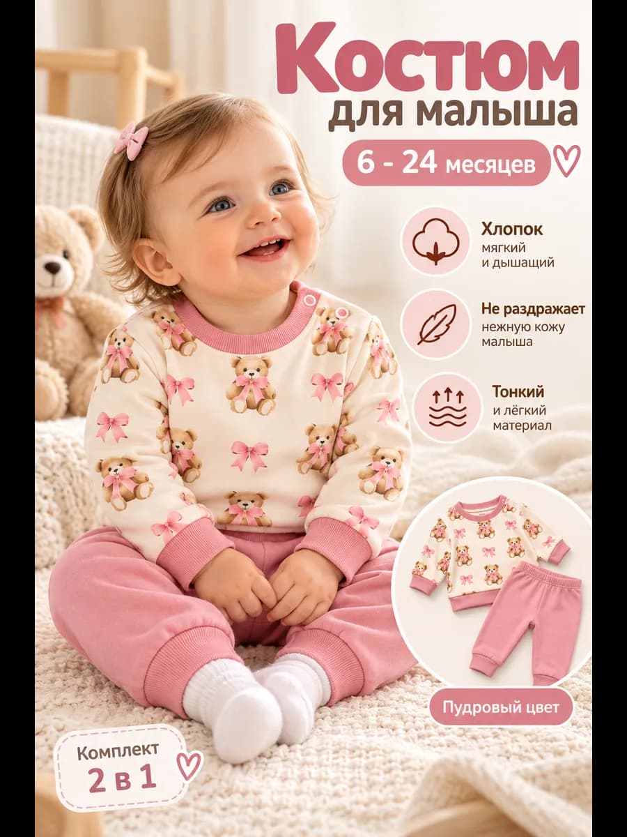 Костюм детский с мишками кофта штаны 6–24 мес